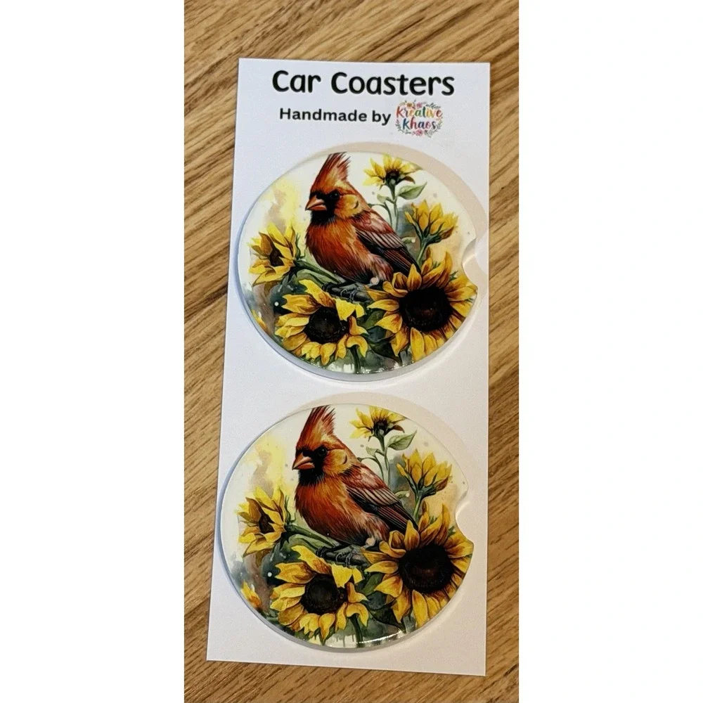 Set Of 2 Custom Made Ceramic Car Coasters Cardinal And sunflowers